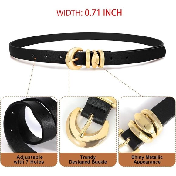 Womens Leather Belts 2 Pack Skinny Gold Buckle Adjustable Fits Waist 29-50